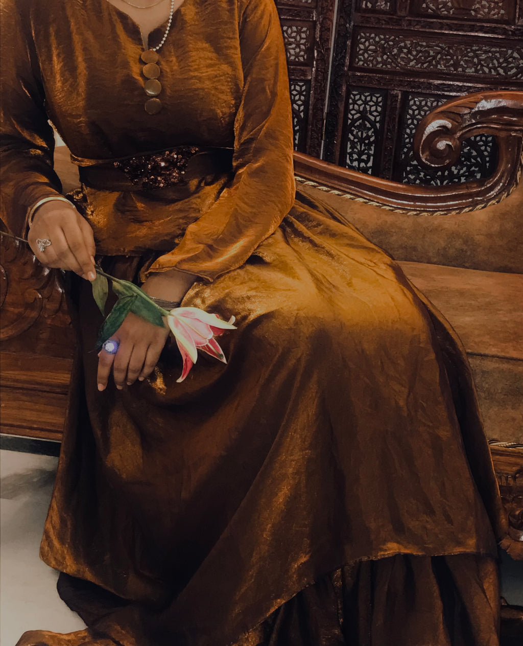 Brown Shimmer Top and Skirt with Hand-Embellished Sequin Belt