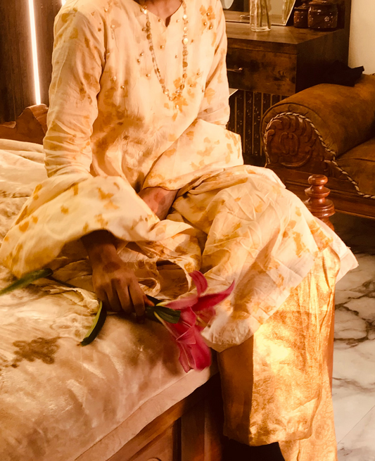 Handwoven  Silk naturally printed top embellished with fresh water petals.