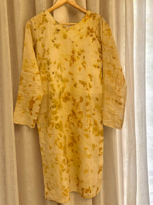 Handwoven  Silk naturally printed top embellished with fresh water petals.